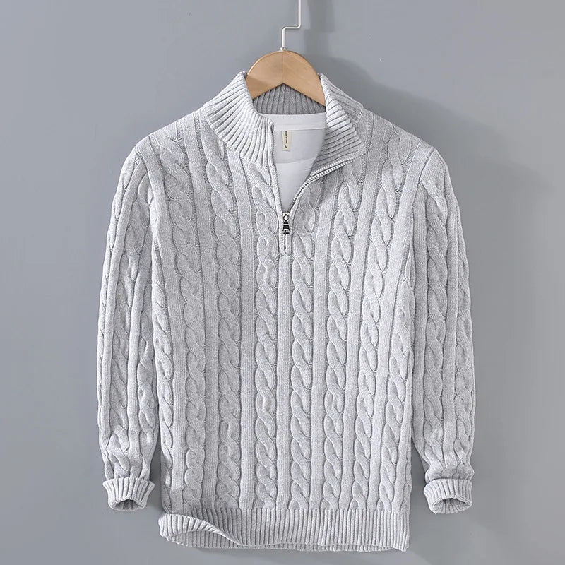 Men's Cable Knit Half Zip Sweater Fall Winter Warm High Neck Pullover 100% Cotton Stretch Knitwear
