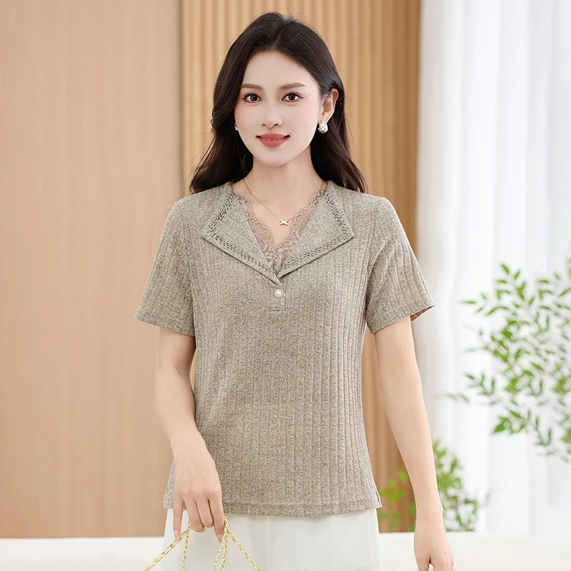 អាវយឺតក V ដៃខ្លីរដូវក្តៅសម្រាប់ម៉ាក់វ័យកណ្តាល អាវប៉ាក់ស្តើងសម្រាប់ស្ត្រី រចនាបថថ្មី ឆើតឆាយ