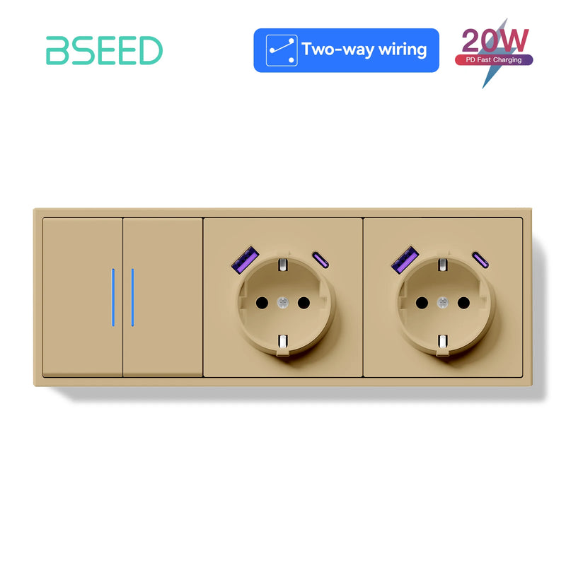 BSEED 1/2Gang 2Way Button Light Switch With EU Socket 20W AC Socket Plastic Frame Wall Switch On Off For Stairs LED Backlight