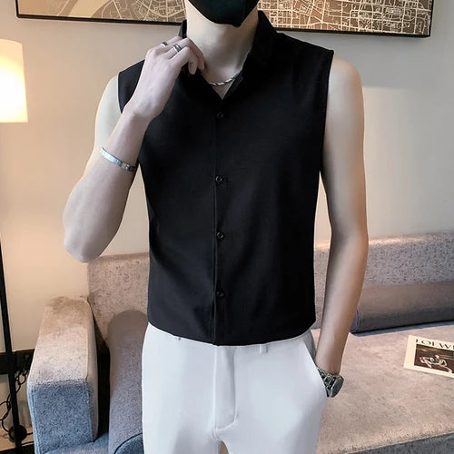 Summer Men's Black Sleeveless Shirt, Fashionable Slim White Shirts, Single Breasted Lapel Summer Top Camisas Para Hombre