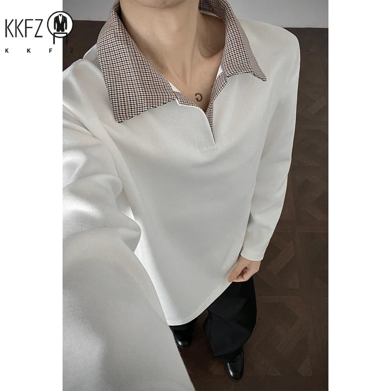 Male Loose Fit Knit Long Sleeve Polo Top Contrast Plaid Collar Airy Fabric For Office Commute And Leisure Occasions