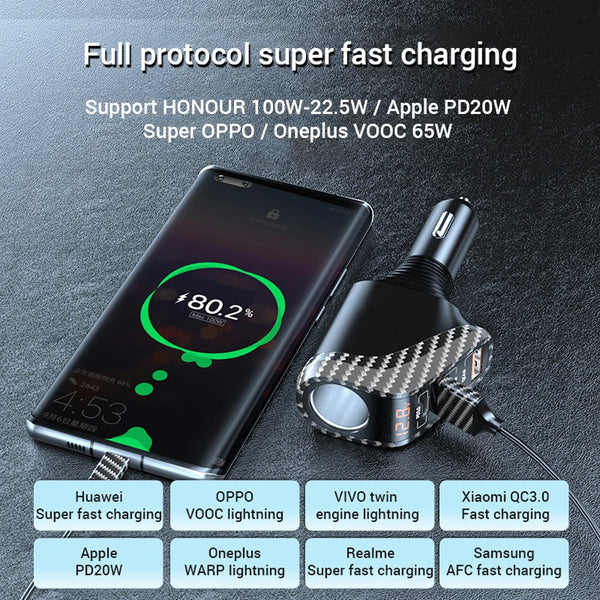 ឆ្នាំងសាករថយន្ត USB 100W សាកលឿន QC3.0 QC4.0 PD3.0 SCP 4 ក្នុង 1 សាកថ្មលឿនសម្រាប់រថយន្ត iPhone 12 13 Xiaomi Huawei Samsung