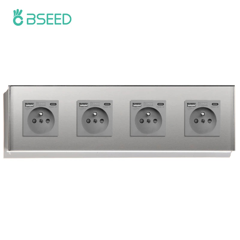 BSEED French Standard Single Wall Power Sockets Double France USB Type-C Port Outlet Crystal Glass Panel Children Protection 16A