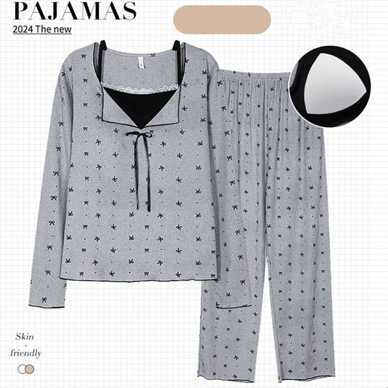 Korean Sweet Chest Pad Women Pajama Sets Printed Modal Long Sleeve Trousers Suit Spring Autumn Home Wear Slim Sleeping Clothes