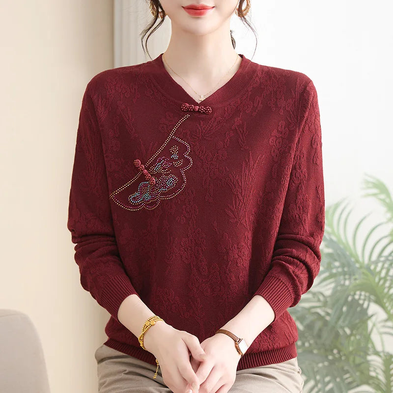 Vintage Printed Woman Clothing Knit Middle Aged Mother Pullover Tops Long Sleeve Autumn Winter Sweaters & Jumpers Pull Femme