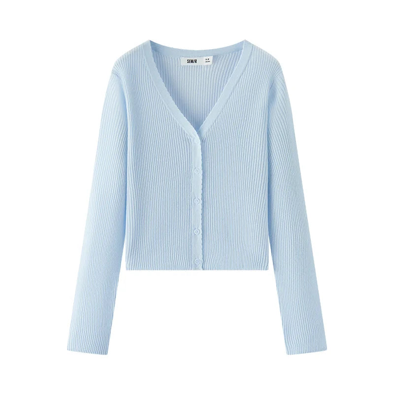 Semir Women Cardigan Short Slim Solid Lace V Neck Regular Shoulder Simple Layered Top 2026 Soft Breathable Fashion Wear