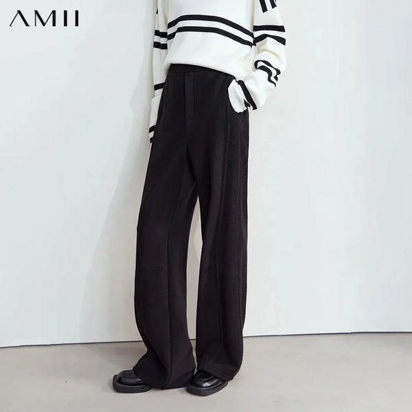AMII Minimalist False Placket Rear Rubber Band Waist Casual Trousers 2026 Winter Women's Suede Wide-leg Trousers Pants 12444074