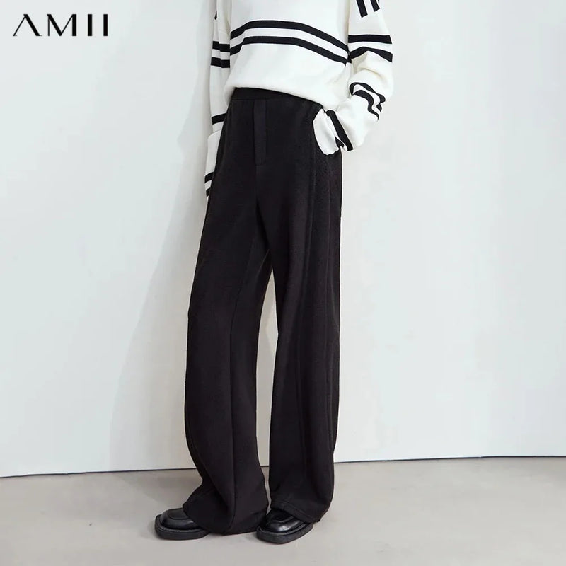 AMII Minimalist False Placket Rear Rubber Band Waist Casual Trousers 2026 Winter Women's Suede Wide-leg Trousers Pants 12444074