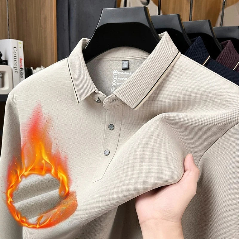 Men's Fleece-Lined Waffle Knit Polo, Vertical Stripe Collar Seamless Design, Anti-Wrinkle Technology