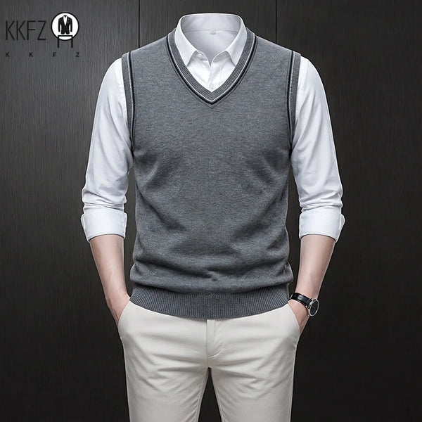 Mens Sleeveless V Neck Knit Sweater Vest Contrast Rib Edge Soft Elastic Knitwear Formal Office Layering Tank Top Fall