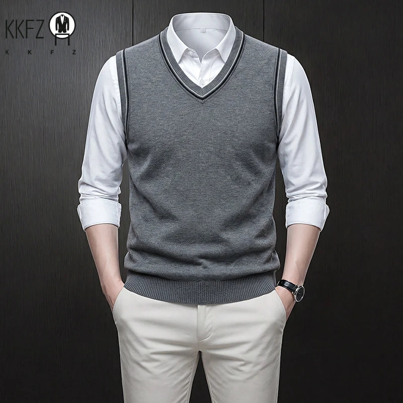 Mens Sleeveless V Neck Knit Sweater Vest Contrast Rib Edge Soft Elastic Knitwear Formal Office Layering Tank Top Fall