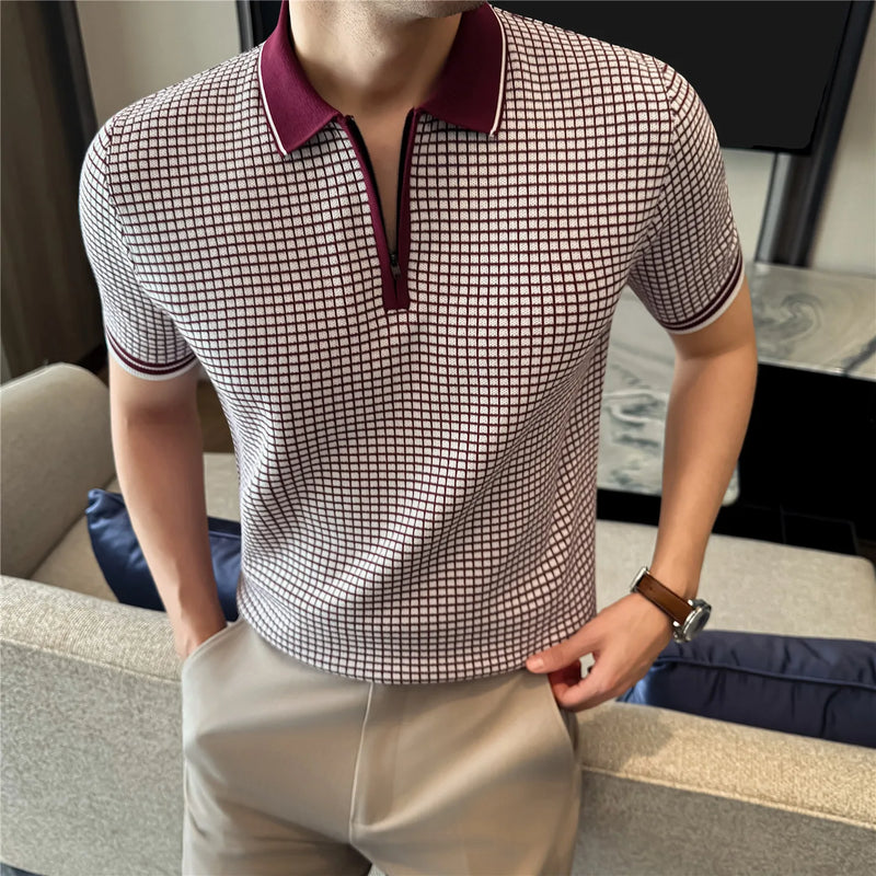 Men's Summer Slim Fit Knitted Polo Shirt - Mature Style Short Sleeve Grid Pattern Business Casual Top with Contrast Collar