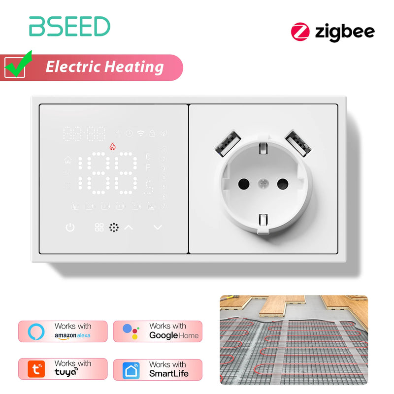 BSEED Zigbee Thermostat Smart Electric Floor Heating Water Boiler With Socket Alexa Google Temperature Controller Plastic Frame