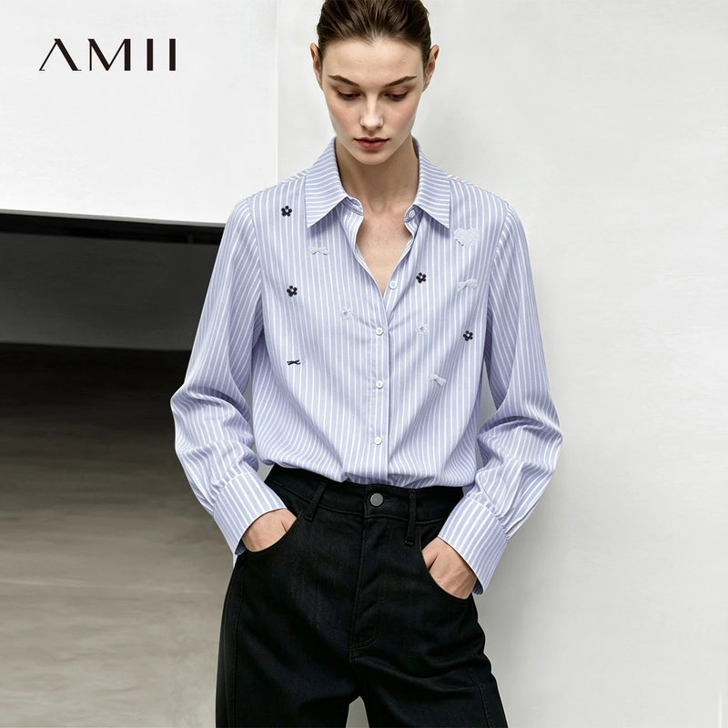 Amii Women Lapel Striped Shirt Long Sleeve Blouse Beaded Office Lady Shirts Casual Minimalist Commuter Autumn New Tops 12653003
