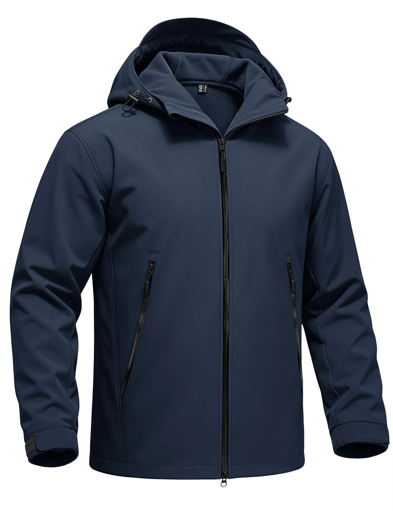 TACVASEN Autumn And Winter Men's Softshell Hooded Waterproof Fleece Lightweight Jacket Windproof Coat With 2 Pockets For Hiking