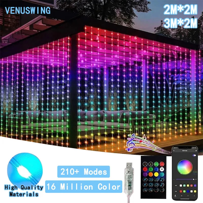 ភ្លើងវាំងនន LED ភ្លើងខ្សែ USB ធ្វើសមកាលកម្មតន្ត្រី RGB ភ្លើងទេពអប្សរការពារទឹកជ្រាប 2M * 2M ចង្កៀងបរិយាកាសថ្ងៃឈប់សម្រាកសម្រាប់បន្ទប់គេងបុណ្យណូអែល