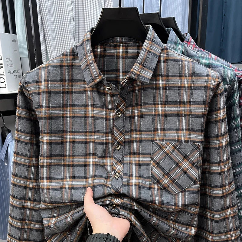 Men's Lapel Collar Plaid Shirt Long Sleeve Breathable Fabric Comfortable Lightweight Casual Business Daily Wear