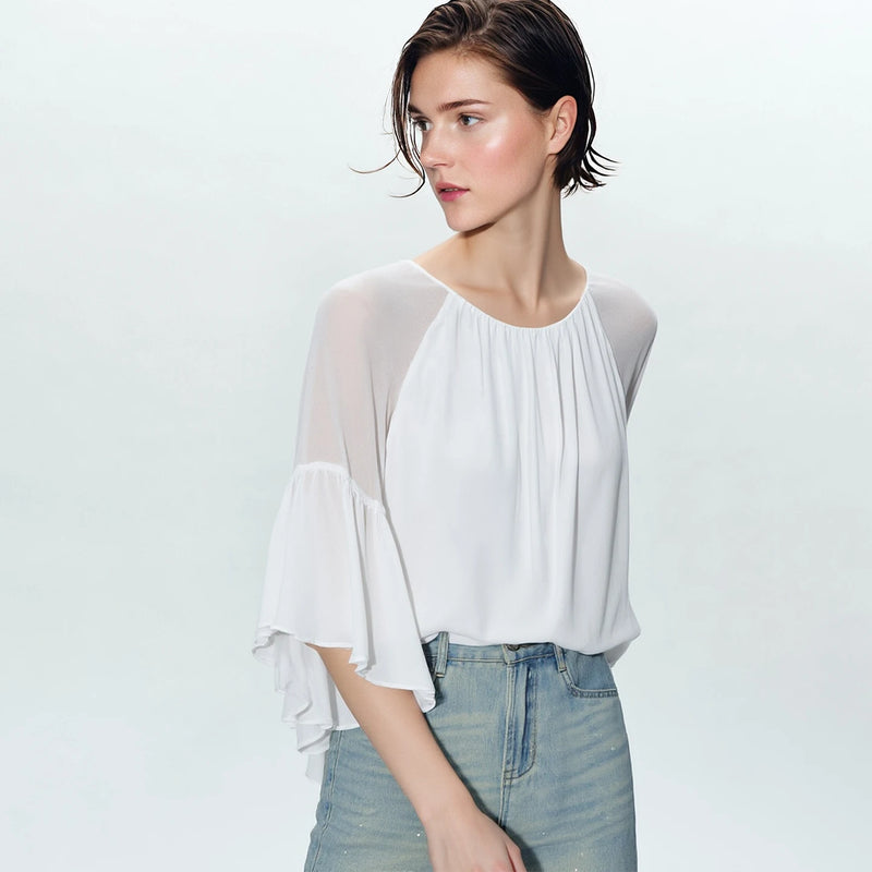 Amii Women's Blouse 2026 Summer New Loose Elegant Office Chiffon Tops Round Neck Raglan Sleeve Casual Shirt for Women 12622213