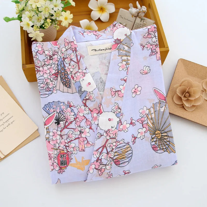 Print Long Sleepwear Loungewear Nightdress Bathrobe Women's Shower Cotton Gauze Nightgown Kimono Cotton Pajamas Cardigan
