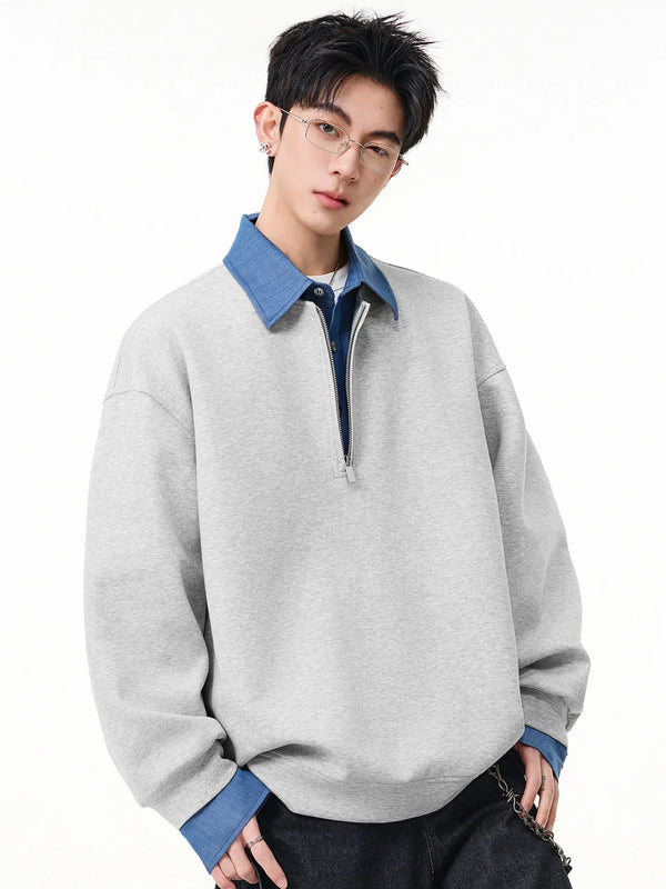 DUKEEN Men's Heavyweight Colorblock Half-Zip Sweatshirt - Spring Pullover with Polo Collar and Layered Look for Teens