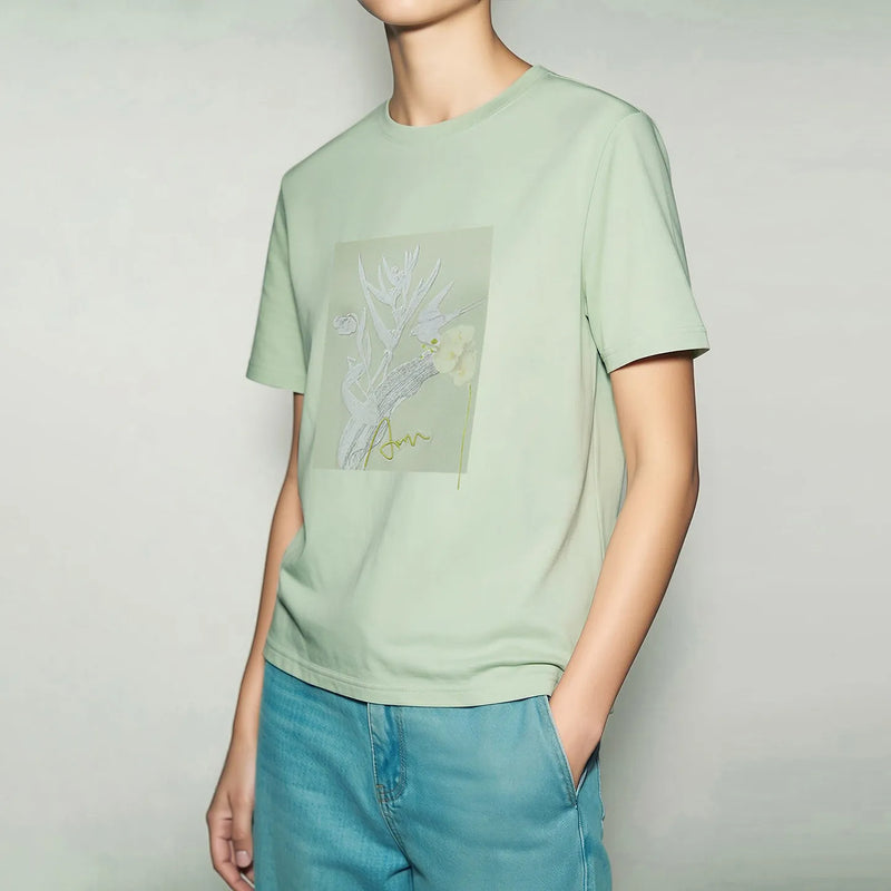 Amii Women's Short Sleeve T-shirt 2026 Summer New Letter Embroidered O-Neck Printed Cotton Stretch T-Shirt Casual Top 12622138