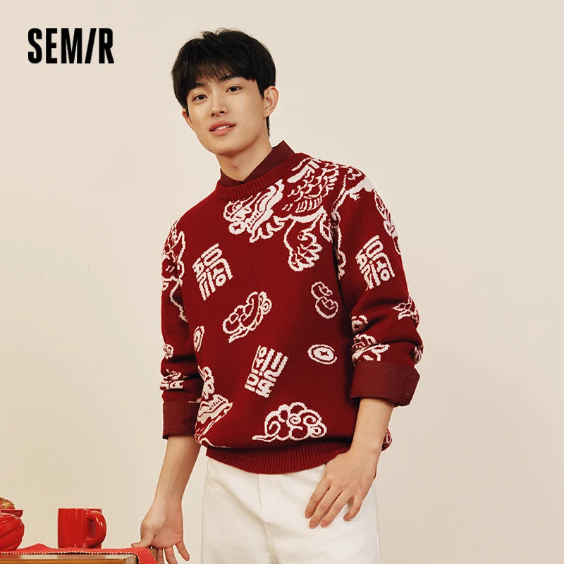 Semir Fashion Sweater Men Spring Kirin Jacquard Loose Casual Couple Knit Top Comfortable Daily Wear Stylish Basic Tee