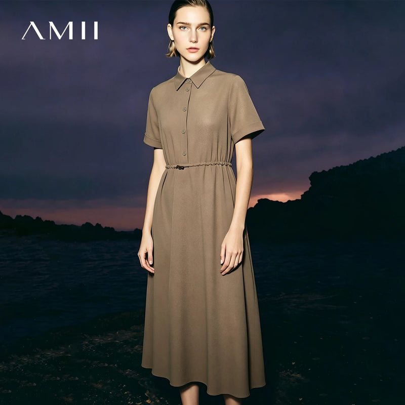 Amii Women's Dress 2026 Summer New Lapel Collar Half Placket Drawstring Short Sleeve Casual A-Line Midi Dress For Women 12642158