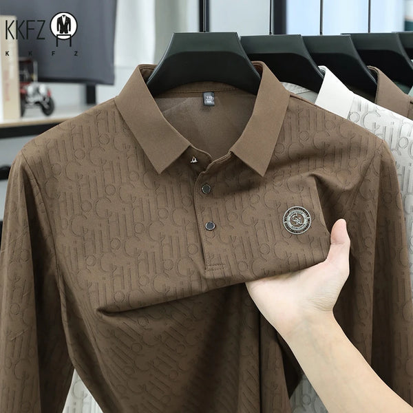 Mens Mesh Fabric Polo Shirt Short Sleeve Turn Down Collar Allover Letter Print Chest Embroidery Relax Fit Office Top