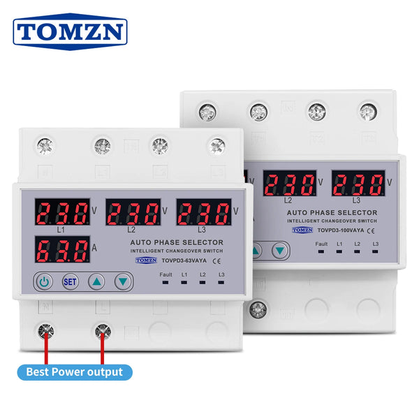 TOMZN 100A63A 3 phase 3P+N Din rail phase selector adjustable Over and Under Voltage current protection Monitor Relays Protector