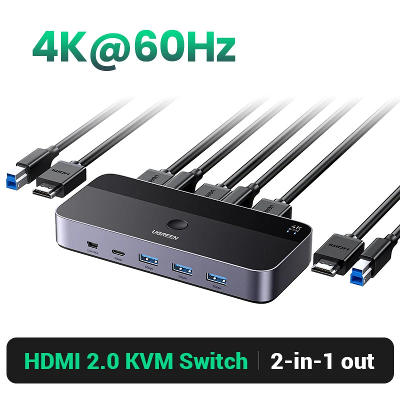 UGREEN 4K@60Hz HDMI KVM Switch USB3.0 KVM Switcher  2 PCs Sharing 1 Monitor,Printer,Keyboard,Mouse Switch Support 3D ,HDR Vision