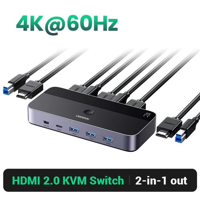 UGREEN 4K@60Hz HDMI KVM Switch USB3.0 KVM Switcher 2 PCs Sharing 1 Monitor,Printer,Keyboard,Mouse Switch Support 3D ,HDR Vision HDMI KVM Switch CN