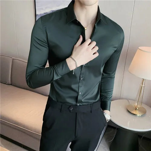 2026 New Men's Dark Green Slim-Fit Long Sleeve Shirt, Fashion Casual Business Top for Man in Black/White