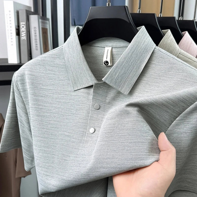 Seamless Color Cotton Polo Shirt Men Flat Knit Business Casual Short Sleeve, Breathable Quick-Dry Tee