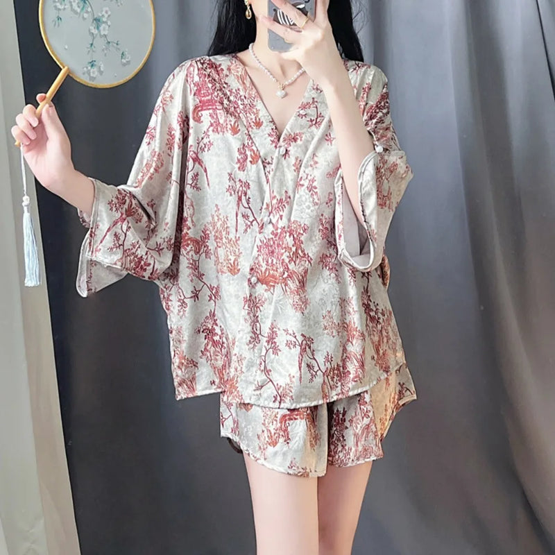 Retro Floral Home Suit For Women Nightwear Nighty Summer Soft Two-Piece Sleepwear Women's Pajamas with Pants Pyjama Set Pijama