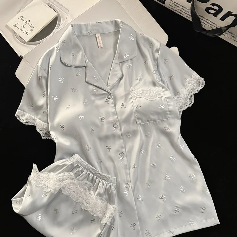 2 Piece Pajamas Set for Women Summer Chest Pads Loungewear Elegant Short Sleeve Button Lapel Collar Top New Women's Sleepwear