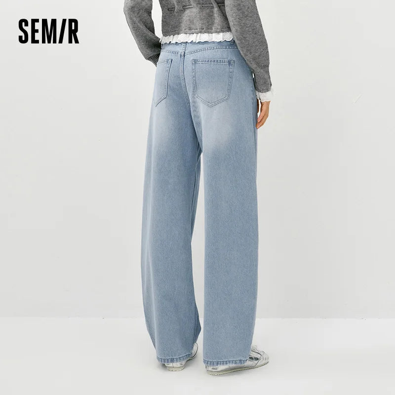 Semir Vintage Jeans Women 2026 Spring Distressed Loose Curved Blade Lyocell Blend Casual Retro Long Trousers