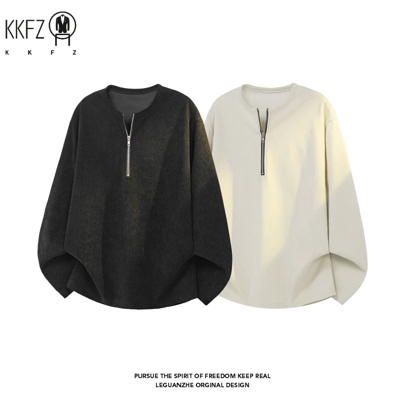 Male Loose Fit Ribbed Corduroy Long Sleeve Shirt Half Zipper Crew Neck Airy Fabric For Office Commute Leisure Occasions