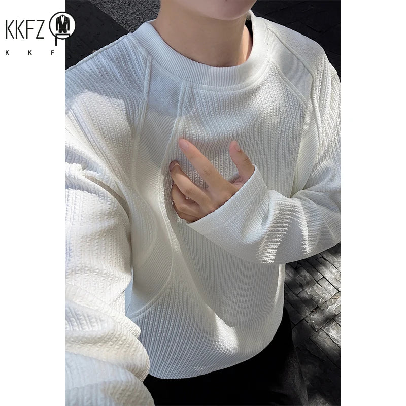 Mens Minimalist Crew Neck Sweater Long Sleeve Vertical Texture Knit Raglan Seam Soft Pullover For Daily Outfit