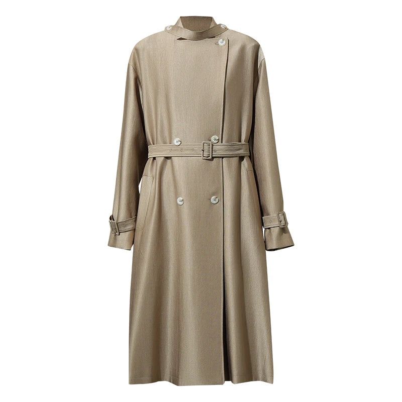 Amii Women's Long Trench Coat Stand Collar Double-Breasted Belted Oversized Satin Shine Commuter Autumn Woman Clothes 12653024