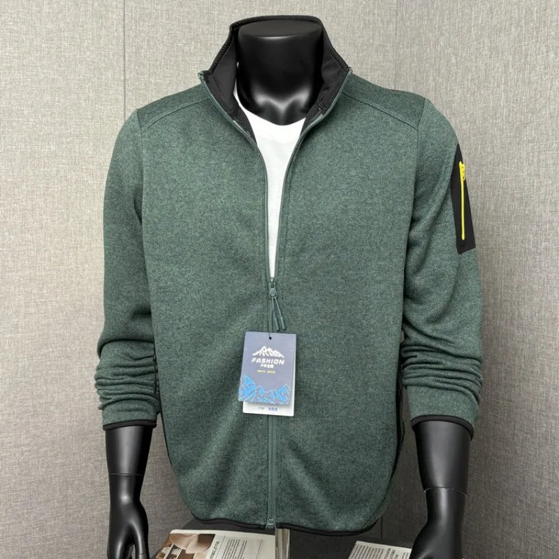 Outdoor Thermal Jacket - 3D Tailored Knit Cardigan with Fleece-Lined Windproof Stand Collar, Reversible Dual-Purpose Wear