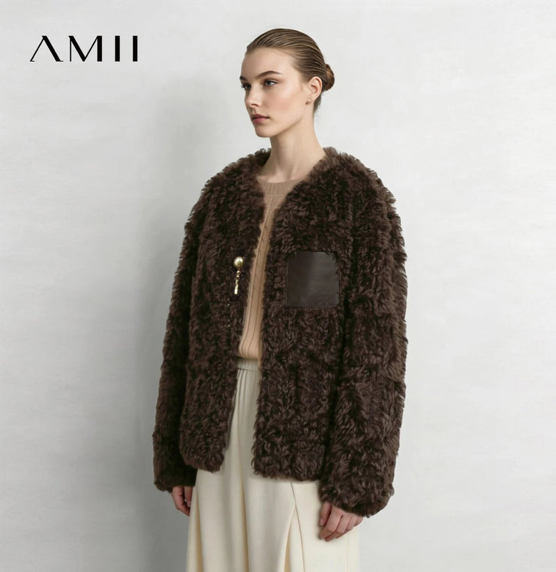 Amii Women's V-Neck Faux Fur Coat Oversized Slimming Warm Commuter Minimalist Winter 2026 Coats for Women 12614014