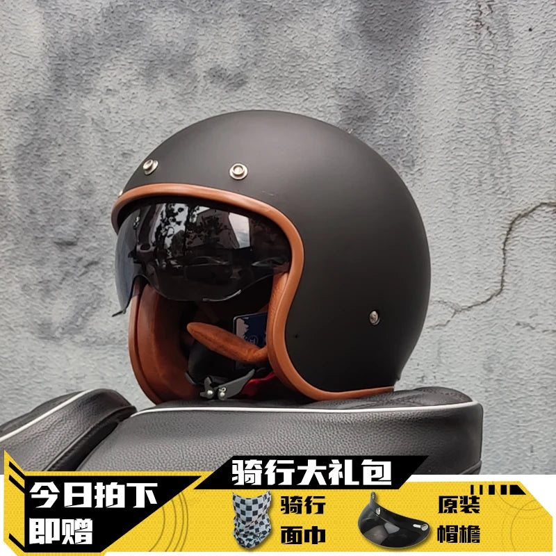 Latest Retro Motorcycle Helmet Open Face 3/4 Chopper Bicycle Helmet Capacete with Lens DOT Approved orz-060