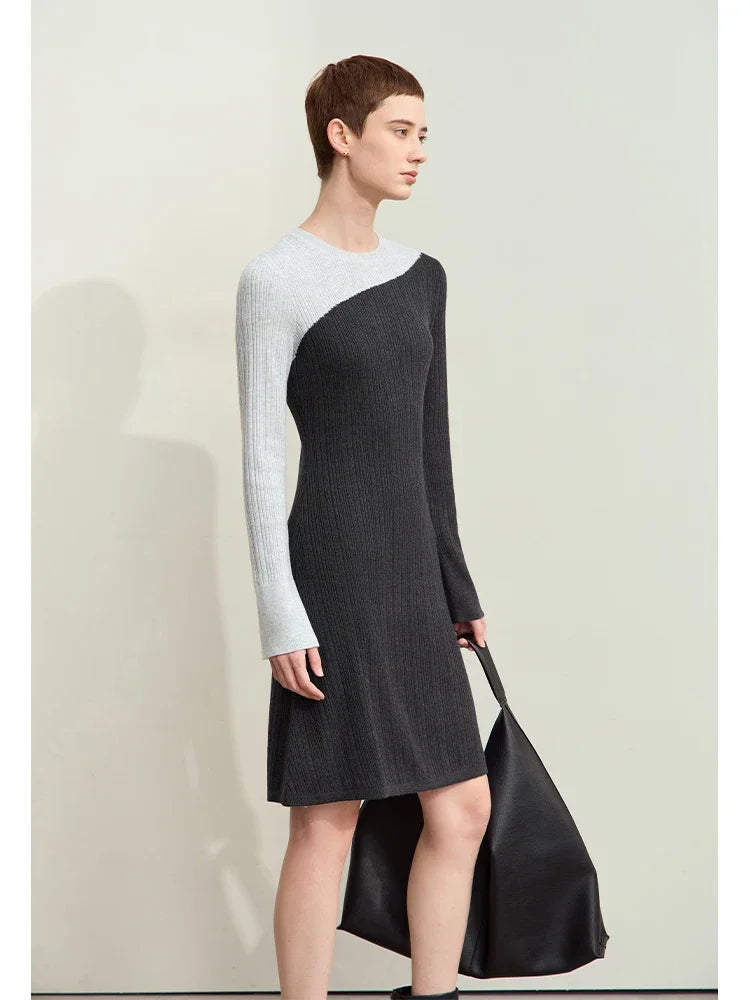 រ៉ូប Amii Minimalism 2026 សម្រាប់ស្ត្រីរដូវស្លឹកឈើជ្រុះថ្មី កមូល ពណ៌ផ្ទុយ រ៉ូបស្រីស្លីមប៉ាក់ A-Line Midi Slit 12452153