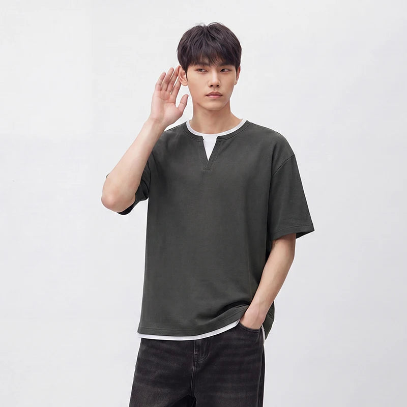 Semir Men Tshirt Short Sleeve V Neck Colorblock Waffle Knit 2026 Autumn Loose Casual Style Pullover Everyday Top
