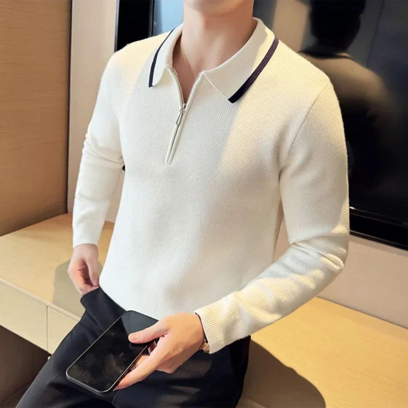 Men's Half Zip Polo Neck Knit Sweater, Color Block Design, Thick Winter Pullover, Business Casual High Collar Jumper