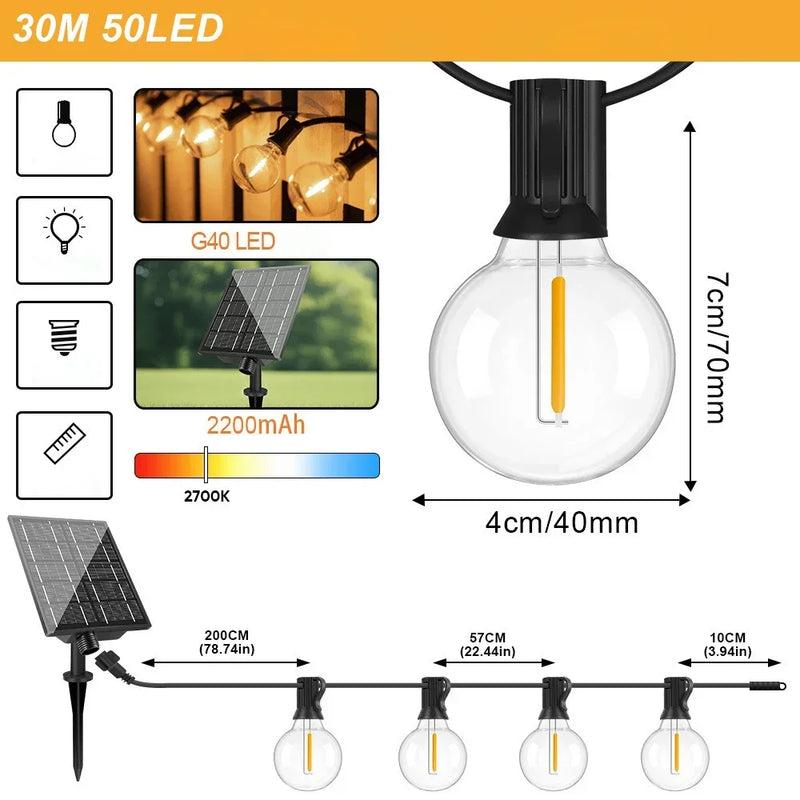ភ្លើង LED ខ្សែ G40 ដំណើរការដោយថាមពលព្រះអាទិត្យ អំពូលបាល់ធន់នឹងការបែក IP54 ធន់នឹងទឹកសម្រាប់ទីធ្លាសួនច្បារ ការតុបតែងភ្លើងបំភ្លឺសម្រាប់បោះតង់