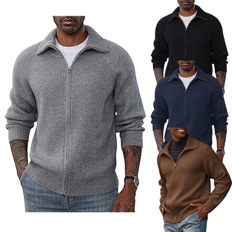 Global Bestseller Men's Zip-Up Knit Sweater, Casual Acrylic Blend Pullover, Gray Black Navy Brown, M-3XL