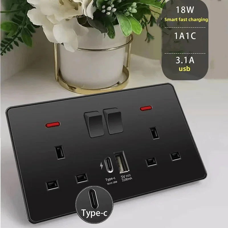Black Uk 13A Smart Fast Charging Type C18W Charging Socket,1gang2way Wall Light Switch ,Universal Double Five-hole USB C Outlet