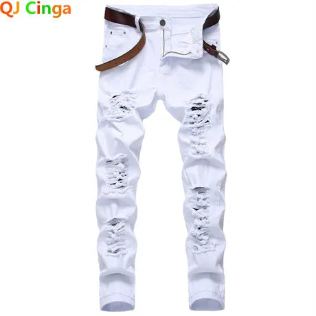 Men's White Straight Hole Destruction Jeans, Asian Size Distressed Red Denim Trousers,  Fashion Designer Brand Black Pants.