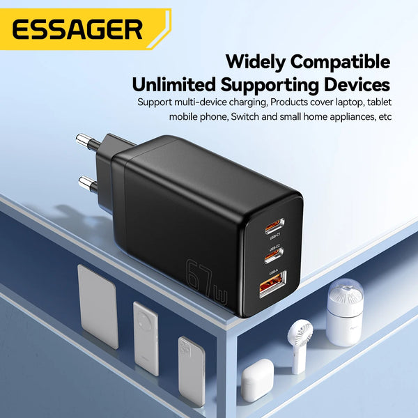 Essager 67W GaN USB Type C Charger PPS 65W Fast Charge For Samsung QC 4.0 PD 3.0 iPhone 17 16 15 Pro Huawei Phone Laptop Chagers